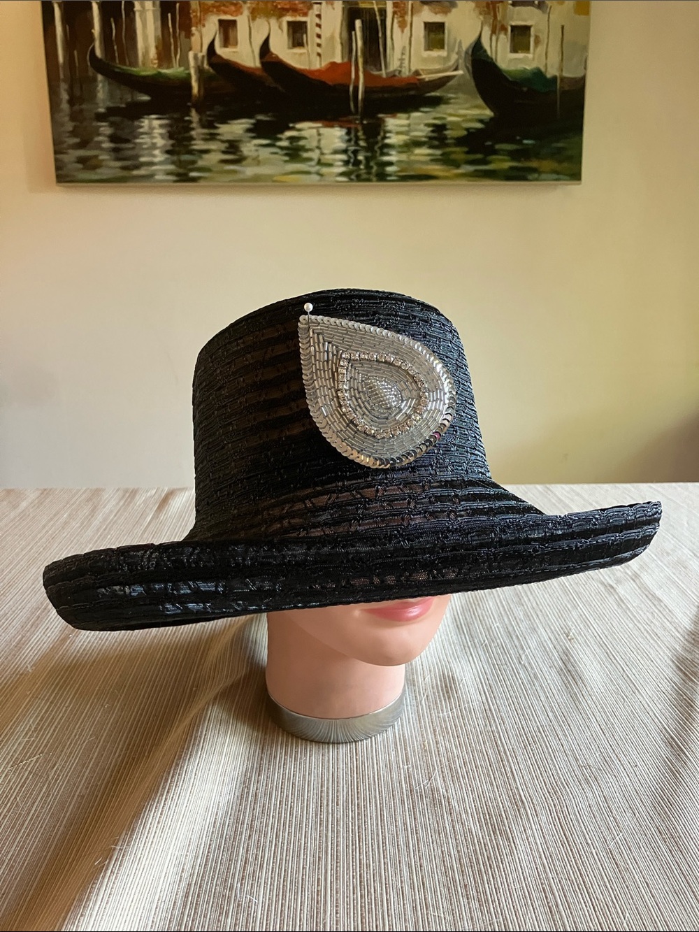 Elegant Black Wide-Brim Hat with Silver Rhinestone Beaded Sequined Accent